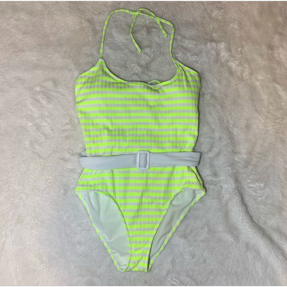 3/$30 Retro Bright Yellow White Striped Belted One Piece Swim Suit Size Medium
